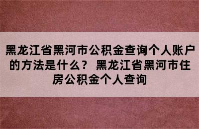 黑龙江省黑河市公积金查询个人账户的方法是什么？ 黑龙江省黑河市住房公积金个人查询